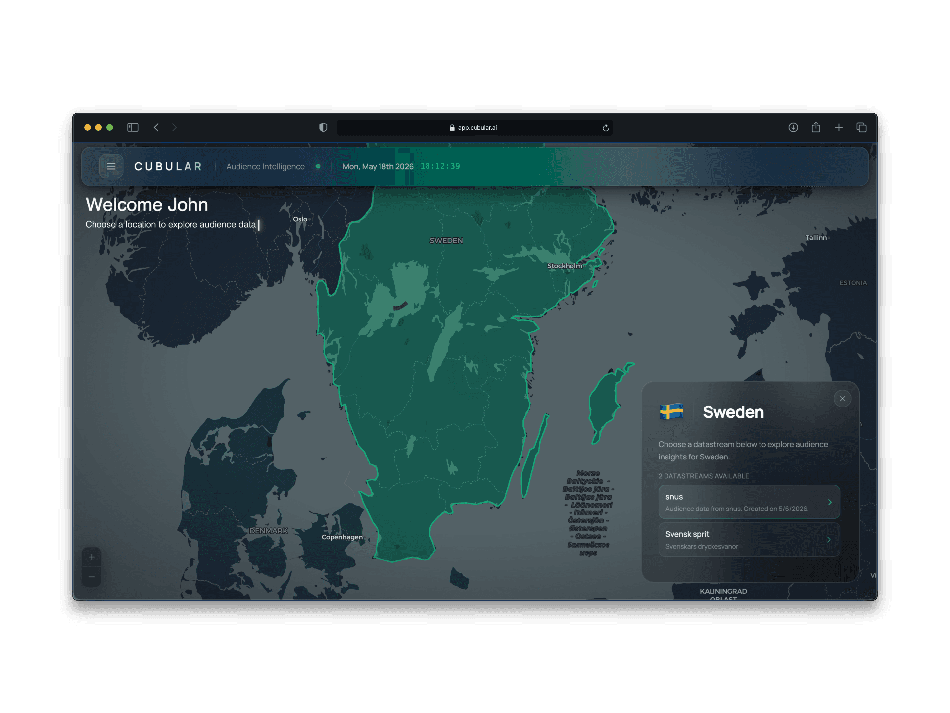 Sweden selected on the Cubular map with its available datastreams listed alongside
